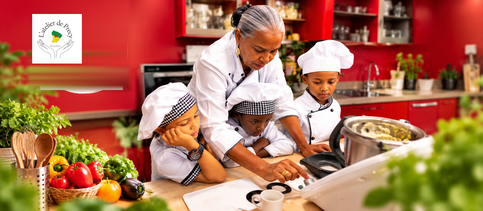 Une cheffe accompagne des enfants dans un atelier de cuisine