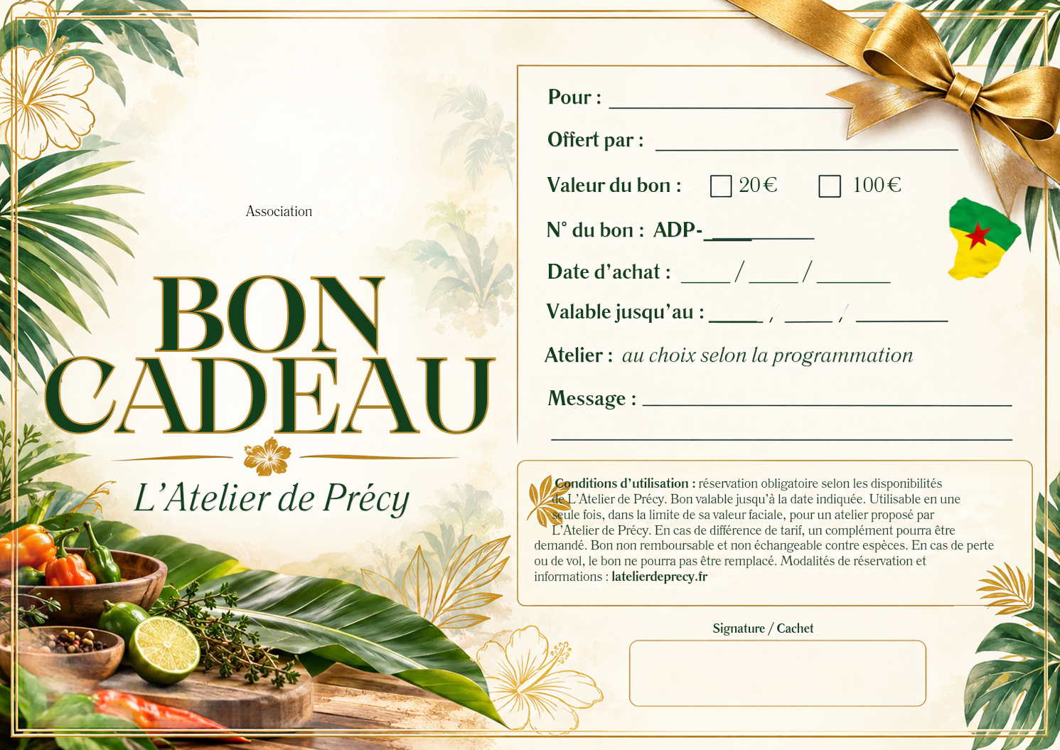 Bon cadeau de L’Atelier de Précy, valeurs 20 € et 100 €