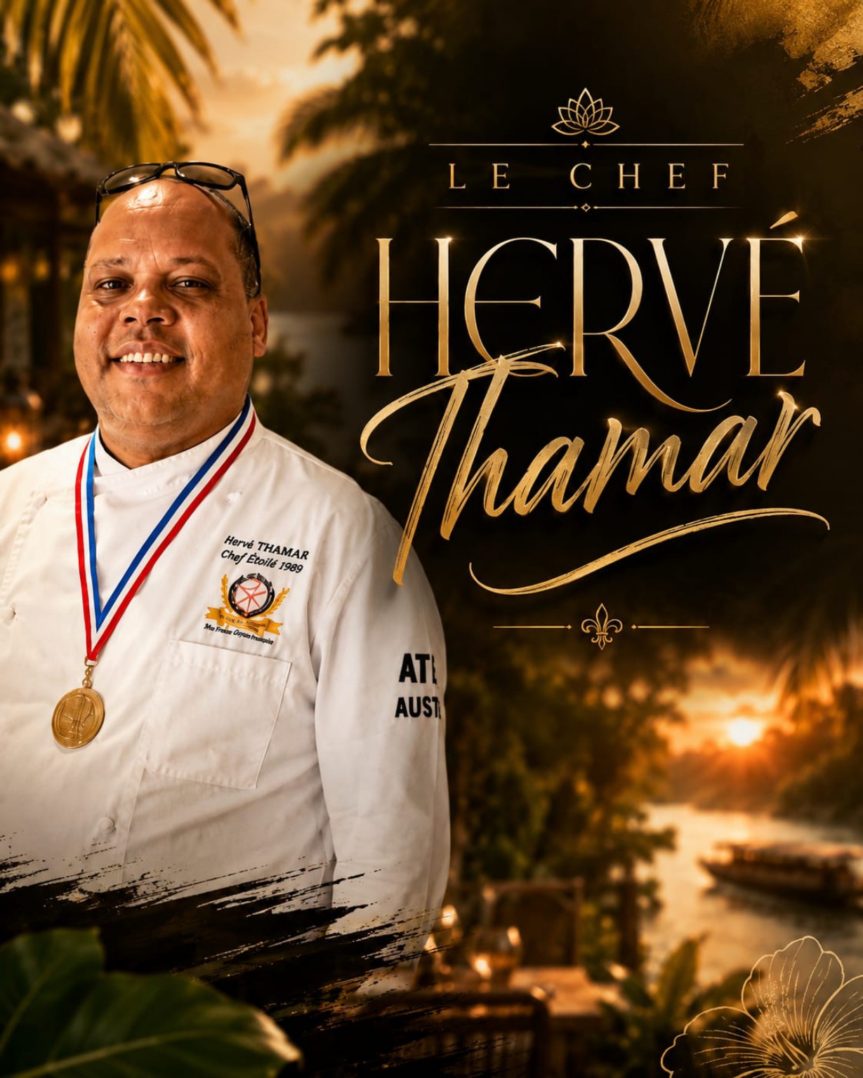 Portrait du chef Hervé THAMAR en tenue de chef, avec sa médaille