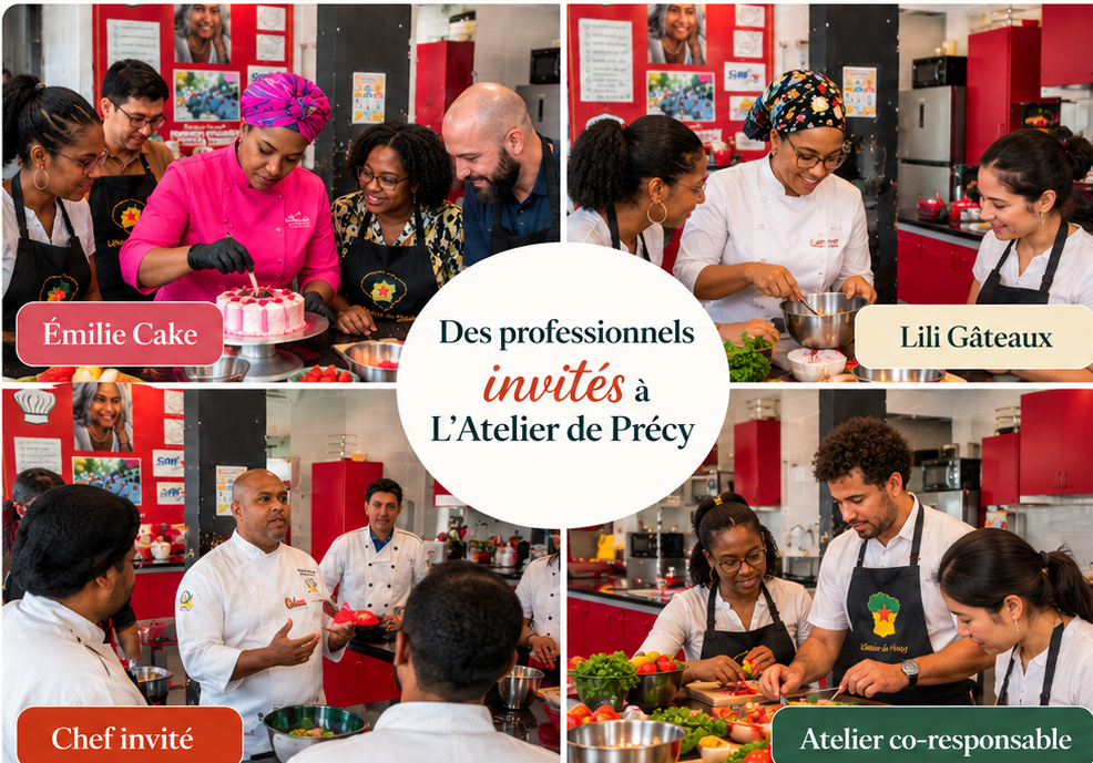 Quatre exemples illustratifs d’ateliers animés par des professionnels extérieurs dans l’univers de L’Atelier de Précy : Émilie Cake, Lili Gâteaux, chef invité et atelier co-responsable